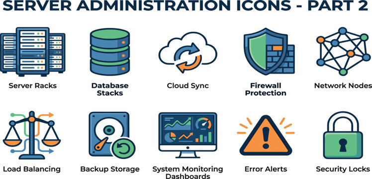 Server Administration Icon Set Featuring Database Cloud Sync Firewall Security Network Monitoring Load Balancing Backup Storage and Error Alert Symbols for IT Infrastructure Design