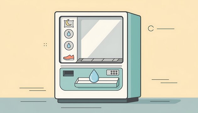 A minimalist illustration of a modern vending machine with icons for sleep, water, and shoes, dispensing a single water drop.