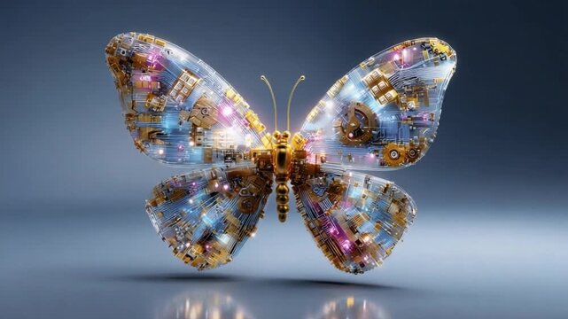 Cyber Butterfly: A stunning, artistic rendering of a butterfly, its wings adorned with intricate circuitry and mechanical components, symbolizing the fusion of nature and technology. 