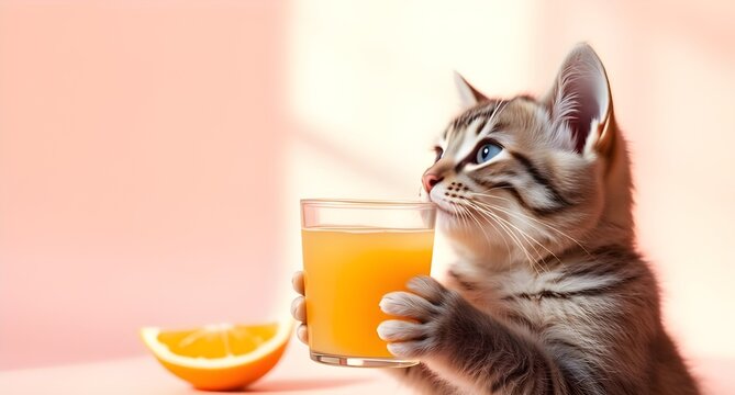 kitten holding fresh orange juice isolated on beige background