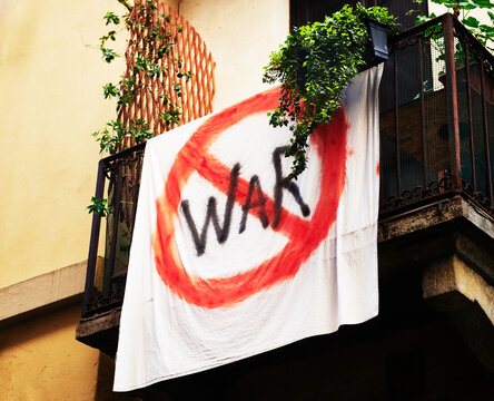 Anti war banner hanging from a balcony, Turin, Northern Italy, Europe