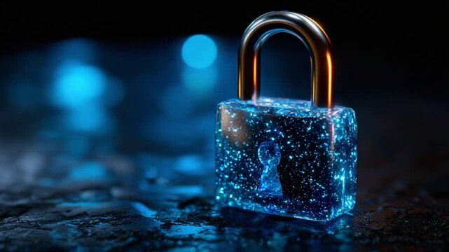 Digital Fortress: A close-up shot of a glowing padlock symbolizes digital security and data protection, exuding an aura of invulnerability, set against a dark, futuristic backdrop.