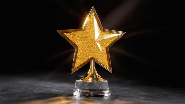 Golden Star Award: A stunning golden star trophy sits majestically on a pedestal, exuding elegance and representing excellence, illuminated against a dark background.