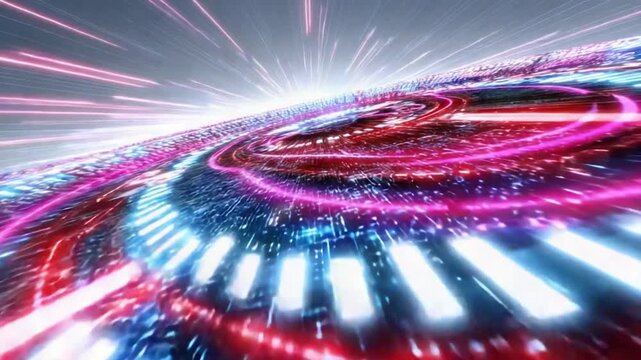 Digital Flow: An artistic representation of data streaming through a futuristic network, characterized by swirling lights, vibrant colors, and dynamic energy.