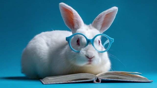 Bunny Reader with Blue Spectacles: A fluffy bunny rabbit adorned with spectacles is seen engrossed in a book, against a soft backdrop that enhances its studious appearance.