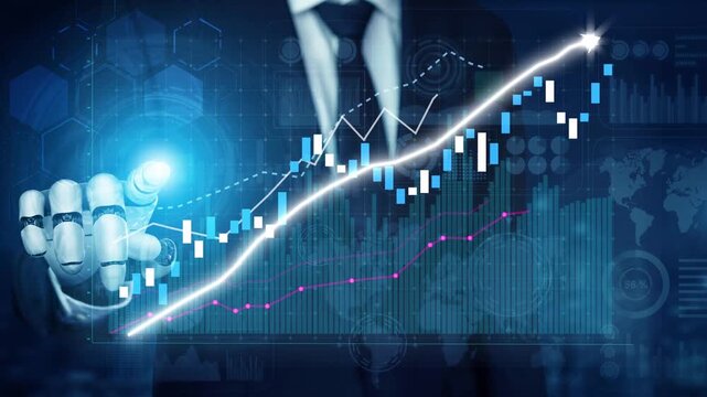 A businessman in a suit engages with digital stock market graphs, illustrating financial growth and investment trends, emphasizing technology role in finance. Copula