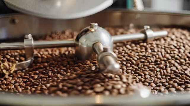 Closeup of coffee beans being roasted in a professional roaster machine.