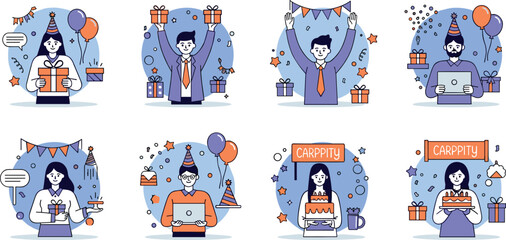 Birthday Celebration Party Vector Illustration Set Featuring Gifts Cake Balloons Online Greetings and Festive Events © Shasa