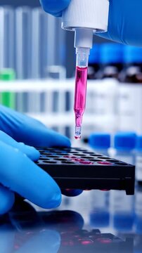 Professional Laboratory Research showing scientist hands in blue gloves using a pipette to dispense pink liquid into a microplate for biotechnology and medical Vertical. Video. Portrait Orientation.