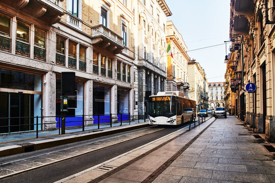 Local bus traveling through Via Garibaldi, Turin, Northern Italy, Europe 
