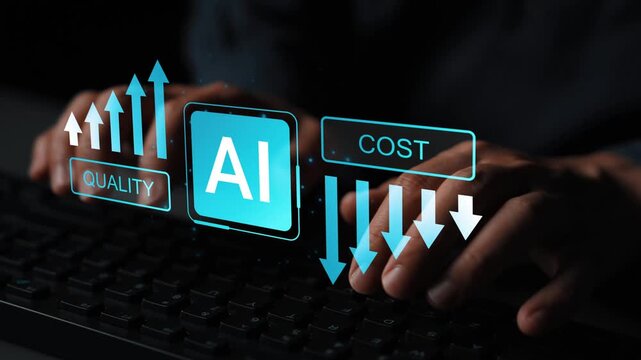 Hands Typing on Keyboard with AI Icons Representing Quality and Cost Trends in Modern Technology and Business Strategies for Efficiency and Innovation Gluon.