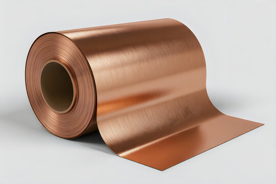 Large roll of brushed copper sheet metal on a white background