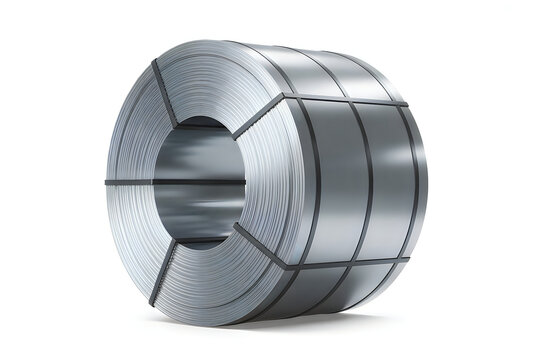Large industrial coil of rolled sheet metal secured with black straps