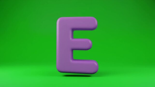 3D Purple Cartoon Letter E Animation with Matte Soft Toy Texture on Green Screen Background Playful Inflatable Alphabet Character for Kids Education