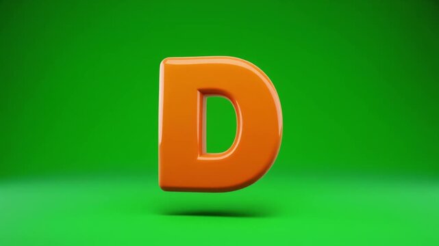 3D Orange Cartoon Letter D Animation with Vibrant Toy Texture on Green Screen Background Playful Inflatable Alphabet Character for Kids Education