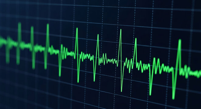 Vibrant green digital waveform graph representing a medical heartbeat monitor or a fluctuating data signal on a dark electronic display screen