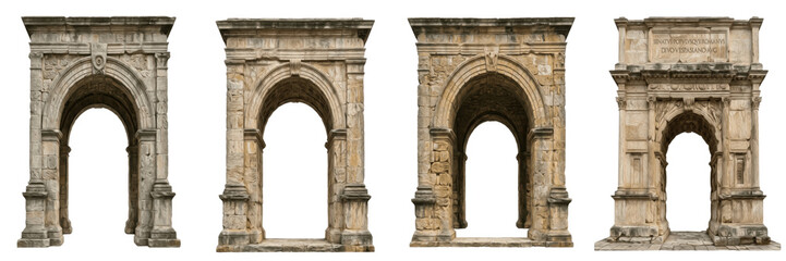 Fototapeta premium Set of Majestic Ancient Stone Triumphal Arches Isolated on White Background, PNG