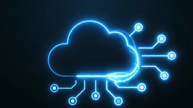 Cloud computing concept with glowing blue neon lines forming a cloud shape and connected nodes, representing data transfer and network infrastructure in a digital environment.