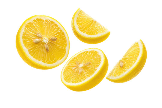 Fresh yellow lemon slices and wedges isolated on a light background, vibrant citrus fruit arrangement with juicy texture and natural freshness for food, beverage, and healthy lifestyle concepts