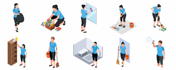 Fototapeta premium Isometric Illustration of a Woman Character Performing Various Cleaning and Housekeeping Tasks Set