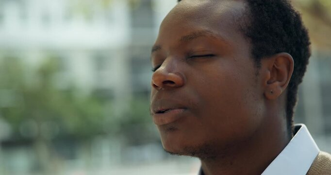 Breathing, calm and black man in city for stress relief, lawyer break or gratitude. Space, attorney and urban business with person and grounding technique for anxiety, resilience or perseverance