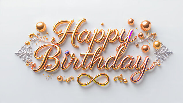3D text design "Happy Birthday" in an elegant cursive script font, crafted from a mix of metal materials, polished gold, copper, and rose gold with shimmering purple and blue oil-like reflections.