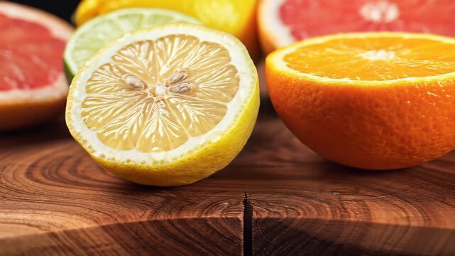Fresh Citrus Fruits Halved on Wooden Board Close Up.