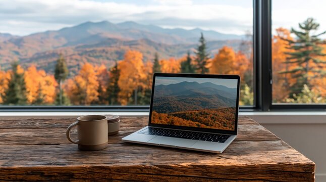 Laptop mug wooden table autumn mountain view remote work ideal for remote working or digital nomad lifestyle content.