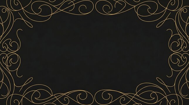 Elegant black background with thin gold ornamental frame, luxury vintage swirl border design with empty copy space