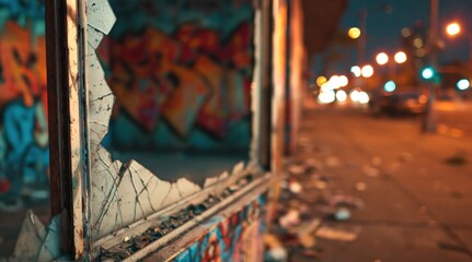 Obraz premium Broken glass window graffiti urban street suitable for social issues and urban decay journalism