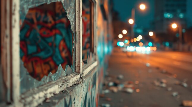 Broken window urban graffiti city night bokeh street lights abandonment ideal for urban decay or crime scene themes