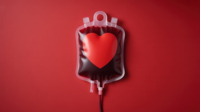 Blood donation bag with a red heart shape inside, concept of life saving and healthcare