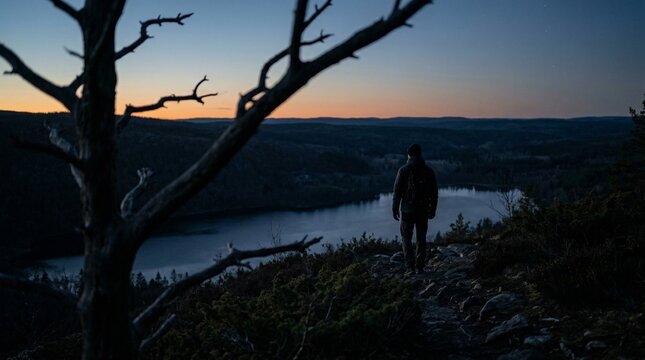 Solitary Figure at Twilight with Observational Framing