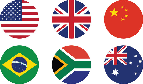 Round Circle National Flag Set USA UK China Brazil South Africa Australia Vector Illustration White Background