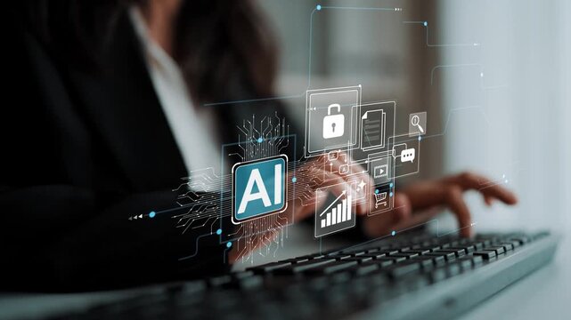 Business professional interacting with digital interface featuring AI symbols, charts, and icons showcasing technology, security, and data analytics concepts Gluon.
