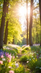 Obraz premium Sunlit path through a lush forest, wildflowers bloom, bright light peeks through trees