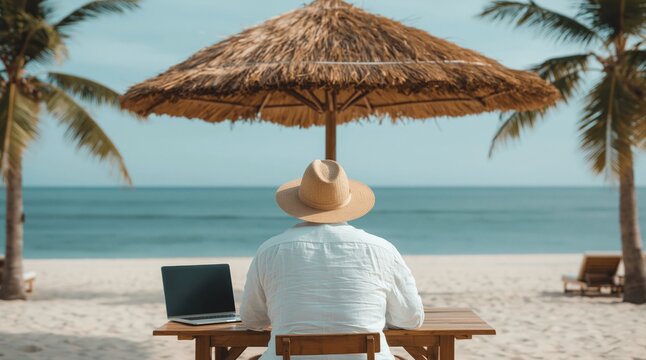 Digital nomad beach laptop remote work tropical freelancer ocean for content about flexible career and travel lifestyle