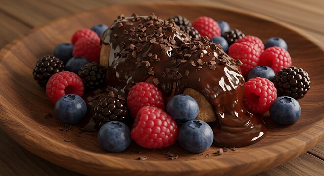 Sobremesa gourmet com cobertura de chocolate e frutas vermelhas frescas servida em prato de madeira.