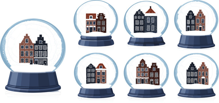 Snow Globe Collection with Winter Houses Inside Glass Domes Featuring Cozy Buildings and Seasonal Decoration for Christmas Holiday Design and Festive Illustration Projects