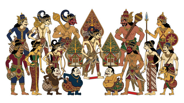 A group of traditional Indonesian wayang kulit shadow puppets depicting characters from ancient folklore and mythology, including Ramayana and Mahabharata stories, in ornate designs and