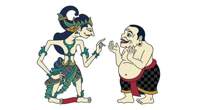 Traditional Indonesian wayang kulit shadow puppets of a mythological character and a man in a decorative setting with ornate design.