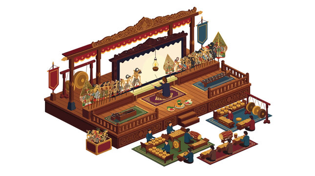 Isometric illustration of a traditional Indonesian wayang kulit shadow puppet theater stage with ornate design and decorative patterns, featuring a dalang puppeteer and mythological