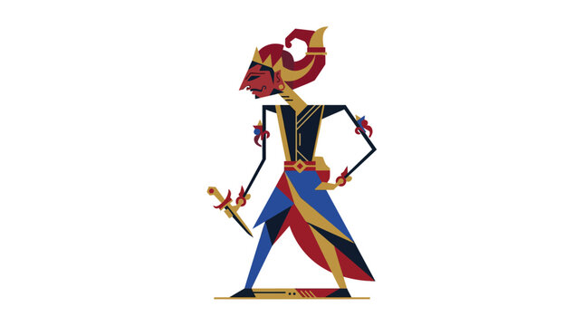 A colorful wayang kulit puppet silhouette of a mythological character in traditional Indonesian attire, showcasing ornate design and decorative patterns against a clean white background.
