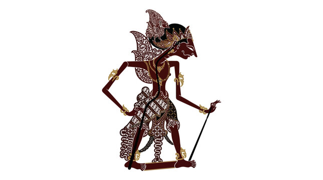 A traditional Indonesian wayang kulit shadow puppet character from Javanese culture, depicting a mythological figure with intricate details and ornate design, set against a clean white