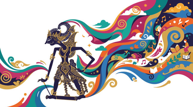 A traditional Indonesian wayang kulit shadow puppet of a mythological character in a dynamic pose with intricate design and ornate patterns in a black silhouette against a colorful abstract