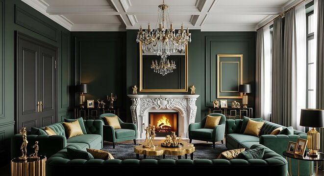 Elegant living room with fireplace and chandelier