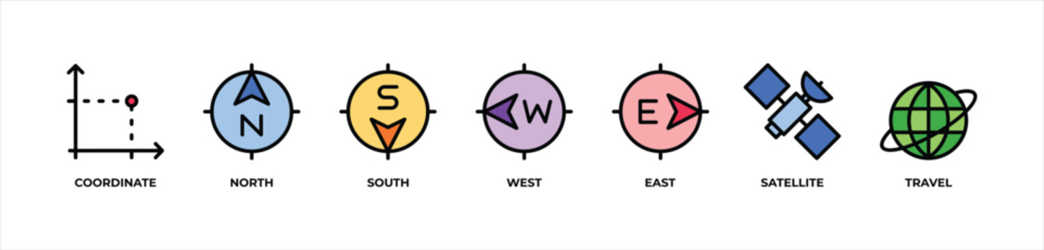 Global Coordinate and Compass Navigation System Icons set vector illustration with Coordinate, North, South, West, East, Satellite, Travel