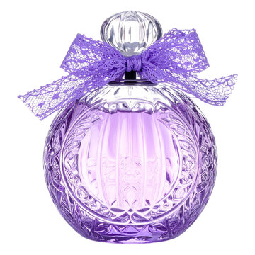 Elegant purple glass fragrance bottle with lace bow decoration for sophisticated perfume collection and beauty industry marketing or bridal gift