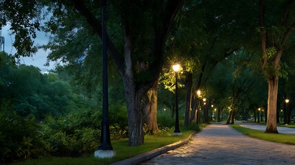Fototapeta premium Atmospheric Park Pathway Illuminated at Night / 夜間に優しくライトアップされた幻想的な公園の小道