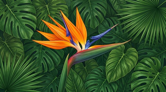 Vibrant Bird of Paradise Flower Amidst Lush Tropical Foliage.